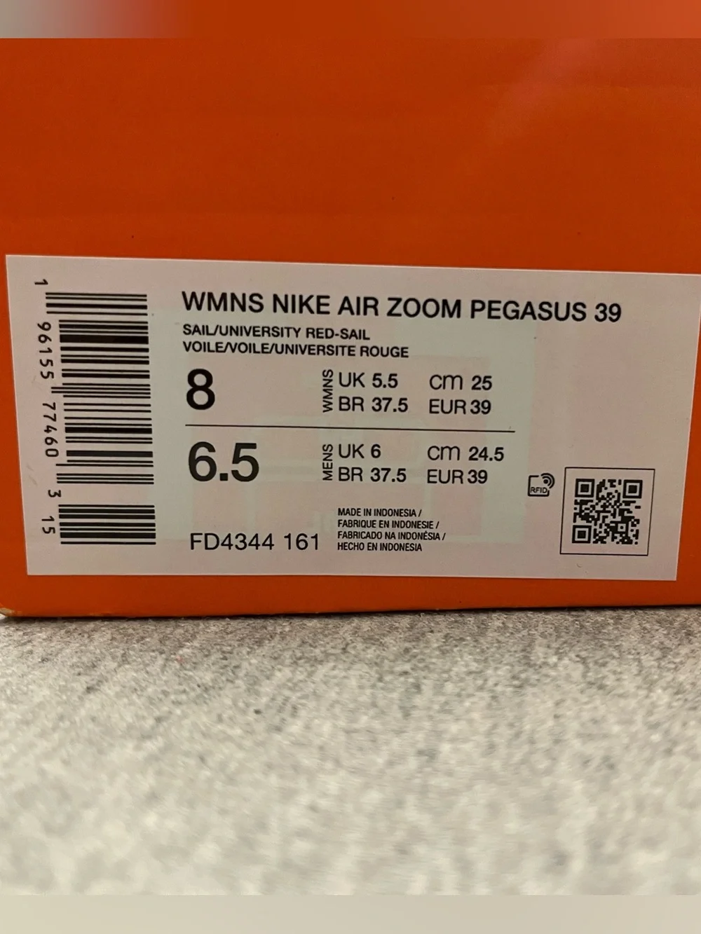 Nike Air Zoom Pegasus 39 Sail University Red Women's Shoe Size 8 FD4344-161